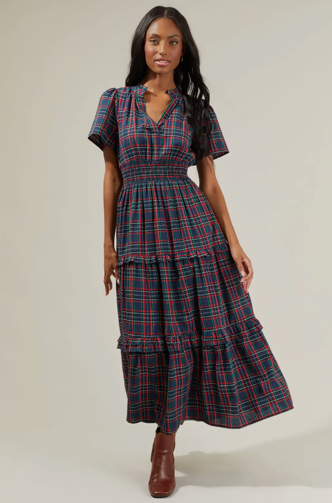 Miley Plaid Palmer Poplin Tiered Maxi Dress- Navy and Multi