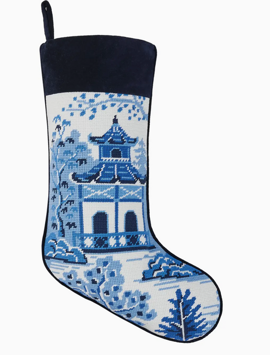 Chinoiserie  Pagoda Embroidered Needlepoint Stocking