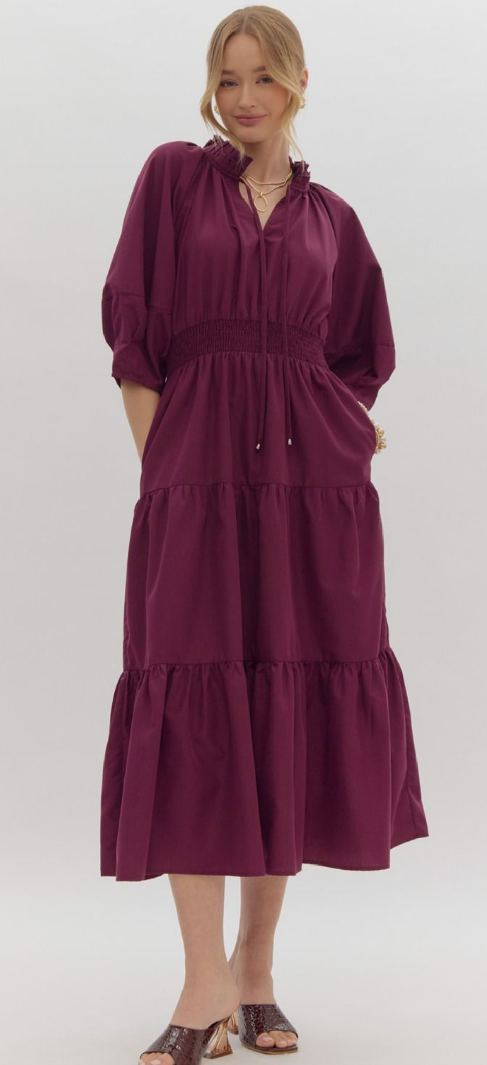 Solid V-Neck Half Sleeve Tiered Midi Dress- Plum