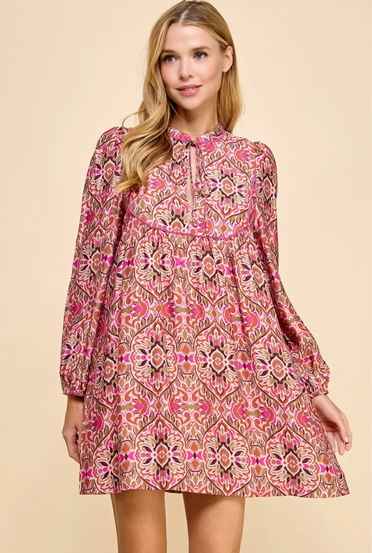 Abstracted Printed Loose Fit Dress- Fuchsia