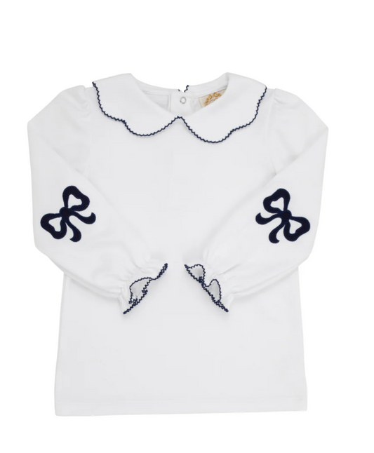 Emma's Elbow Patch Top Worth Avenue White with Nantucket Navy Bows