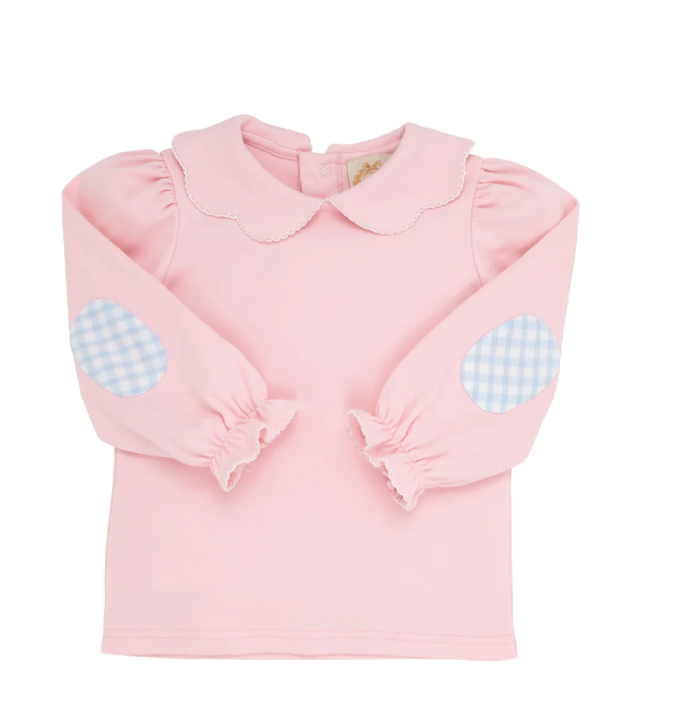 Emma's Elbow Patch Top & Onesie Palm Beach Pink with Worth Avenue White Picot & Beale Street Blue Gingham Elbow Patches