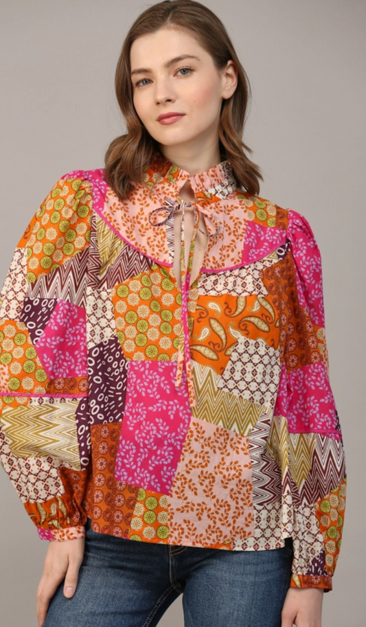 Patchwork Print Piping Detail Blouse