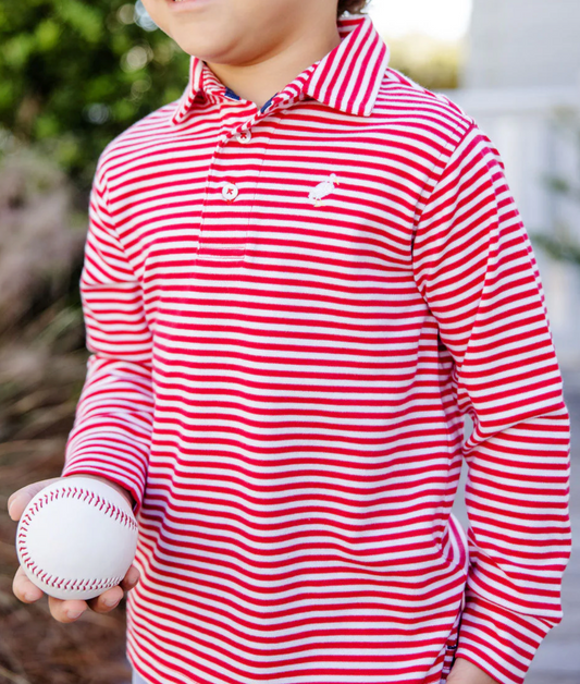 Long Sleeve Prim & Proper Polo & Onesie Richmond Red Stripe with Multicolor Stork.