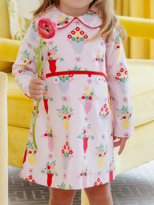 Lindy's Lunch Dress-  Pink and Plentiful with Richmond Red & Worth Avenue White Buttons