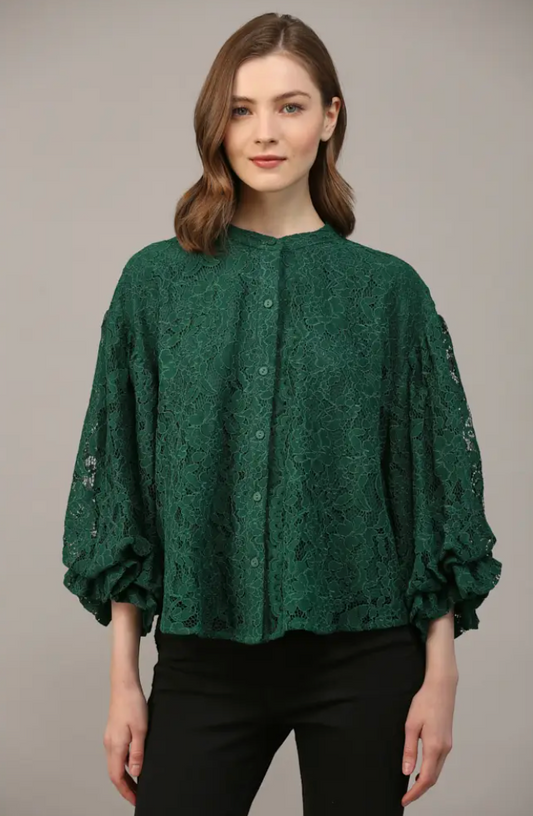 Lace Bubble Sleeve Blouse- Hunter Green