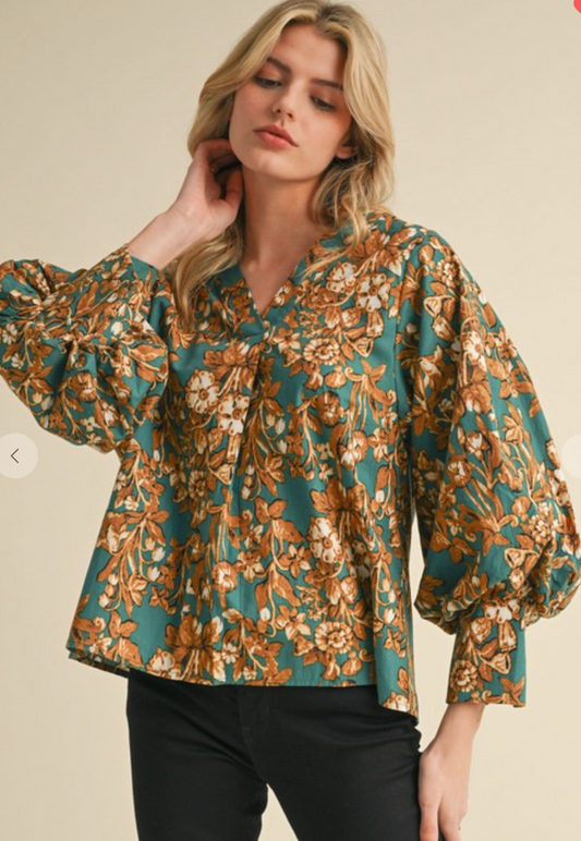 Floral Print 3/4 Balloon Sleeve top-Hunter Green