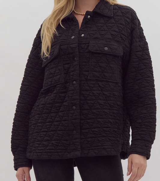 Quilted Long Sleeve Shacket- Black