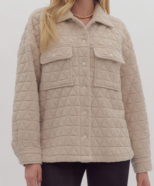 Quilted Long Sleeve Shacket- Taupe