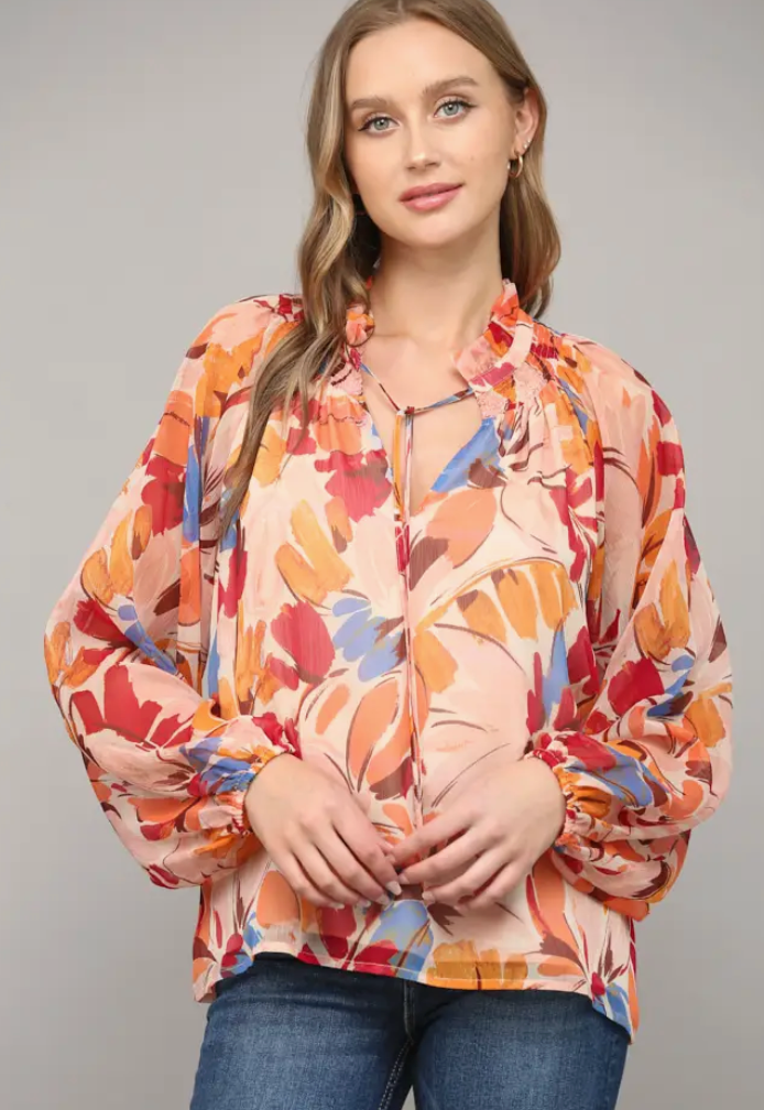 Abstract Floral Print Tie Neck Blouse- Orange and Blue