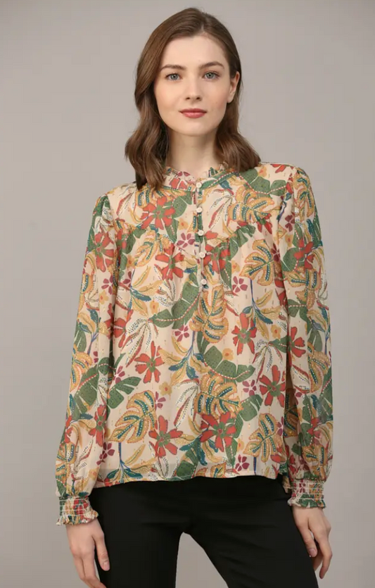 Paisley Print with Lurex Chiffon Frill Neck Blouse- Taupe