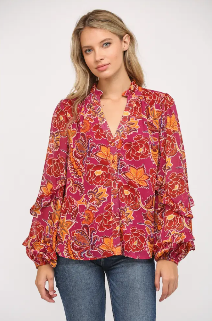 Print with Lurex Chiffon Ruffle Detail Blouse- Sangria