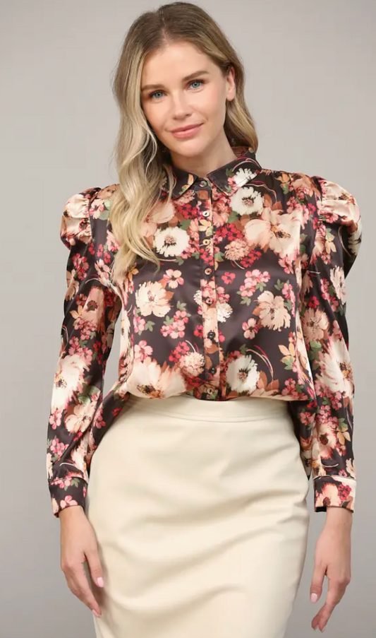 Floral Print Satin Puff Sleeve Blouse