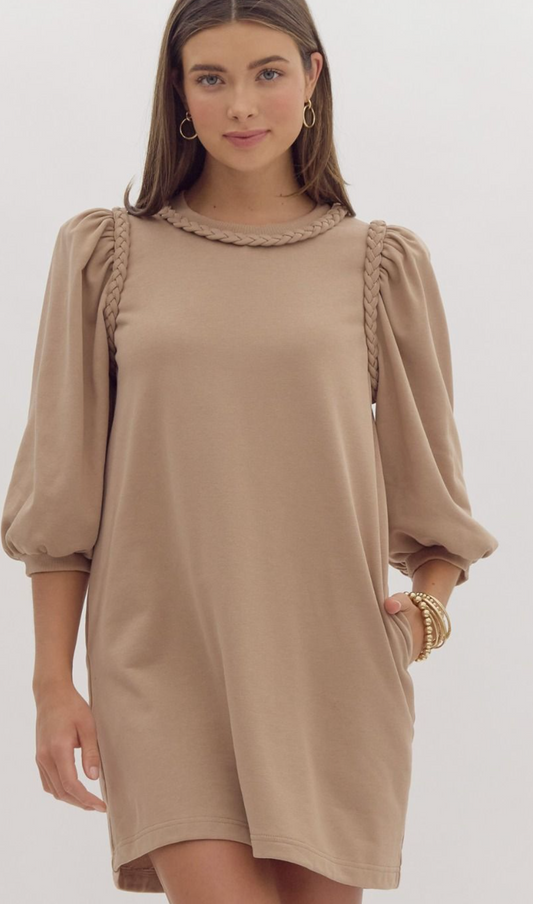 Solid Braided Puff Sleeve Dress-Light Mocha