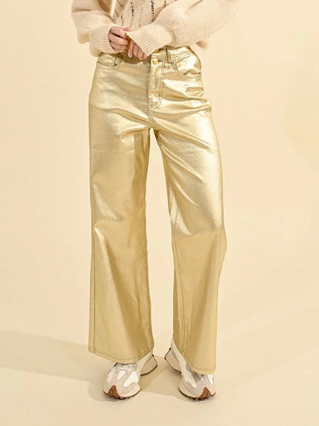 Coated High Waist Pants - Golden Beige