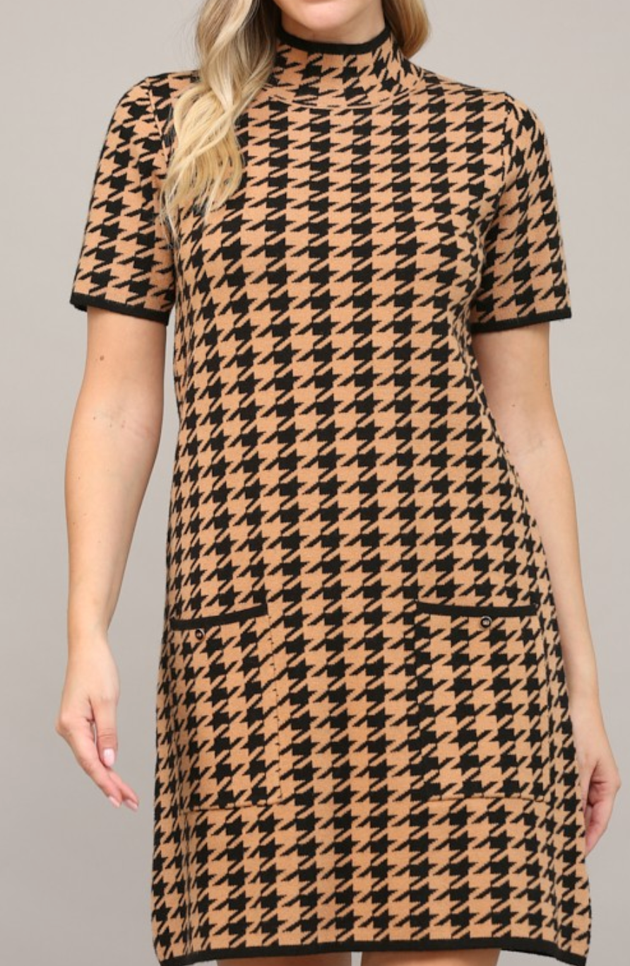 Houndstooth Pattern Mock Neck Sweater Dress - Camel/Black