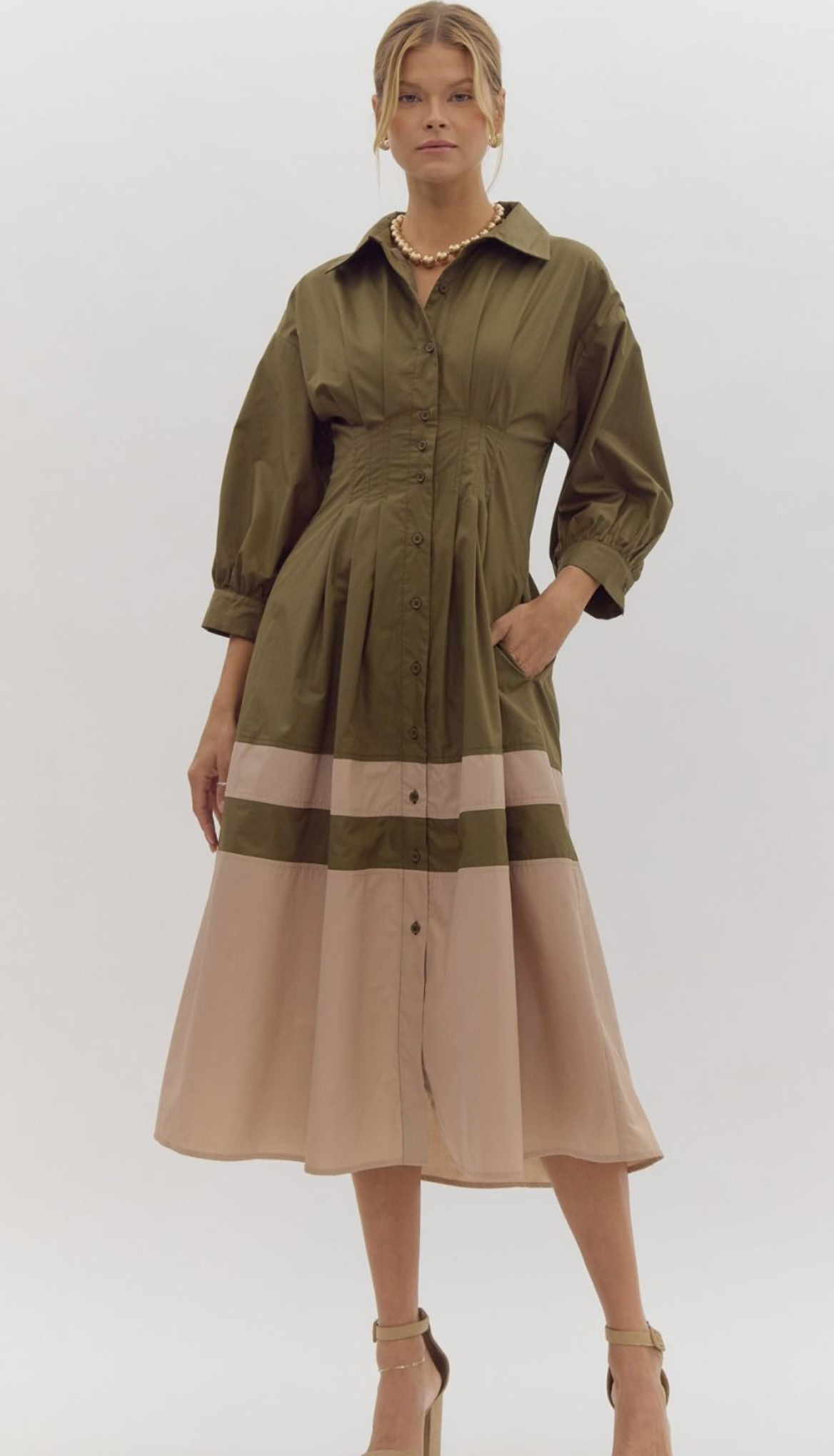 Colorblock Midi Shirt Dress - Olive