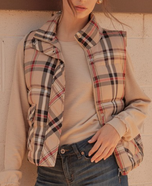 Plaid Check Print Vest - Taupe