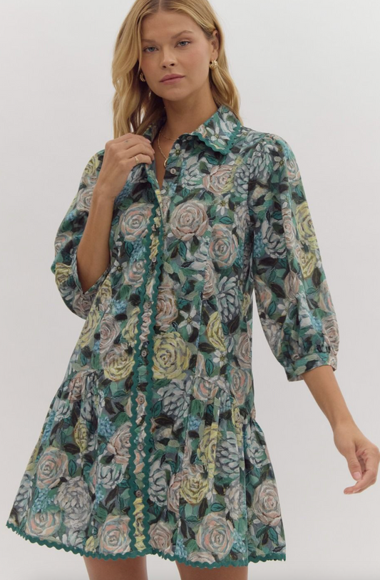 Floral Print ¾ Puff Sleeve Mini Dress