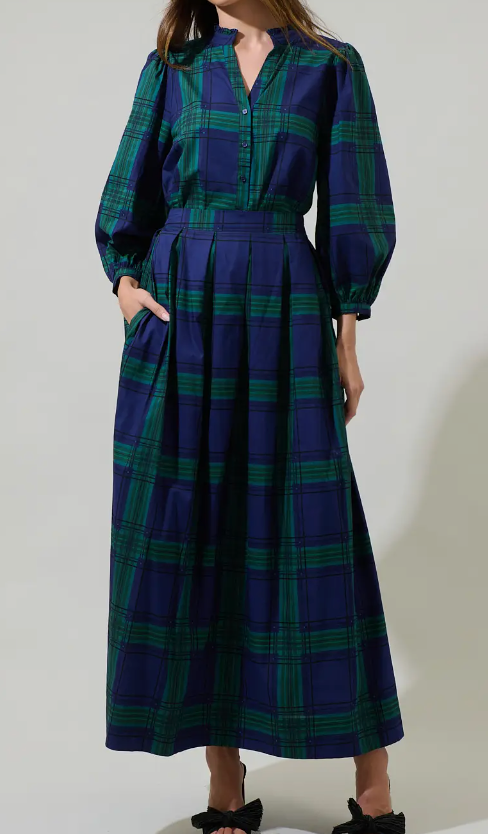 Harrisville Plaid A-Line Maxi Skirt - Navy Green