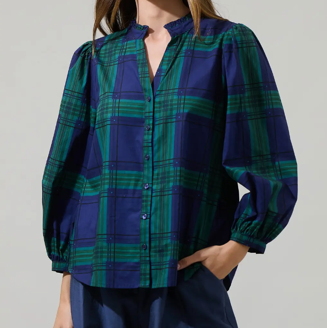 Harrisville Plaid Ima Button Up Top - Navy Green