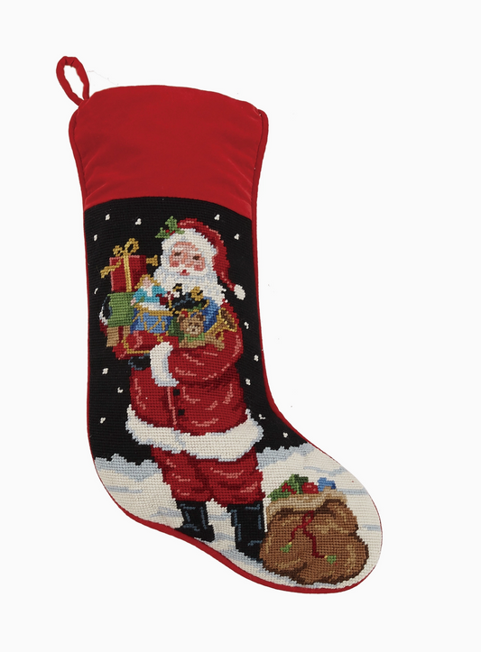 Santa W/ Toys Needlepoint Stocking-Red