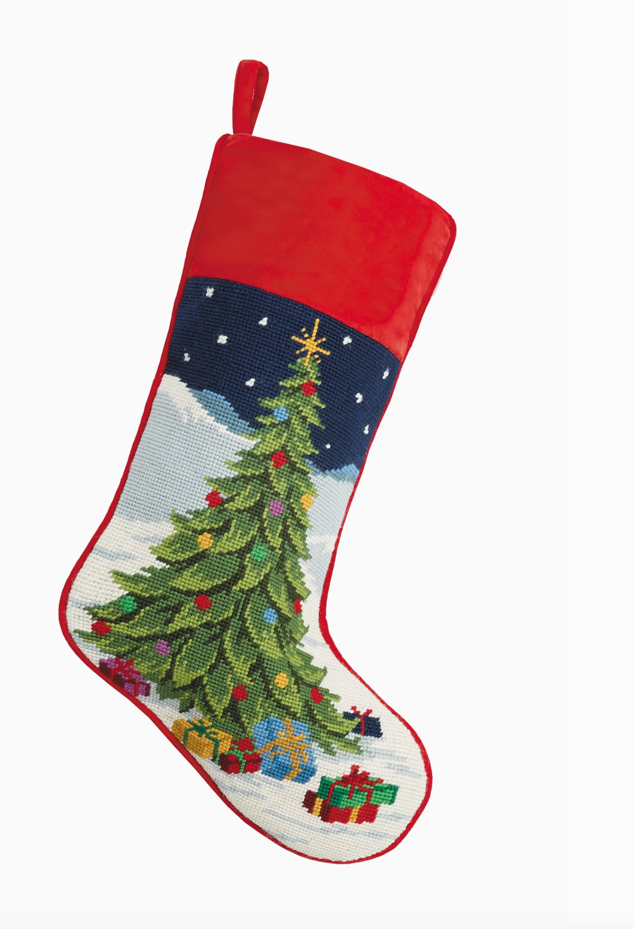 Tree W/ Presents Needlepoint Stocking-Red