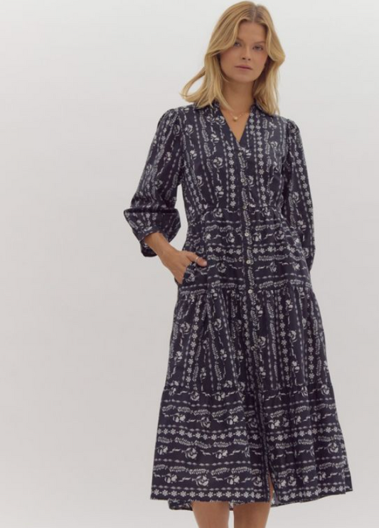 Floral Print 3/4 Sleeve Midi Dress-Navy