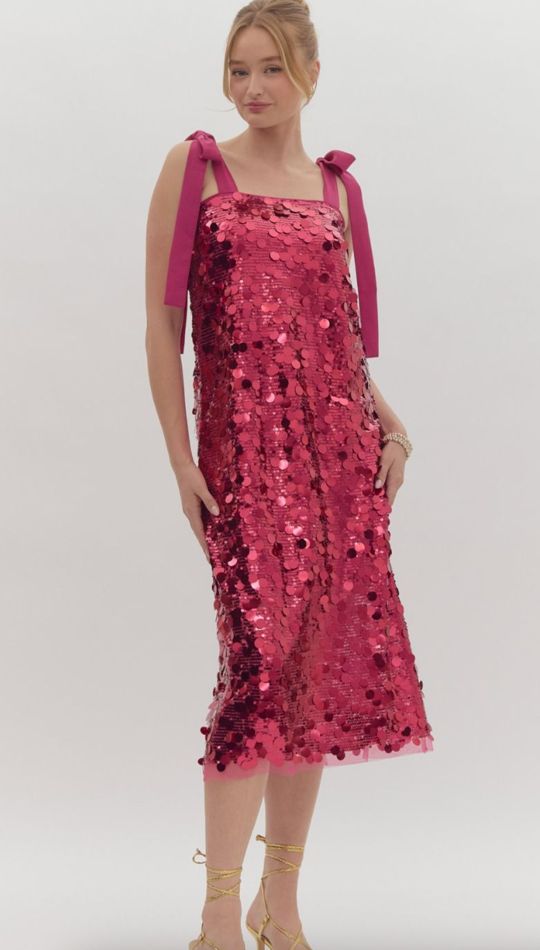 Sequin Embellish Straight Neck Midi Dress- Magenta