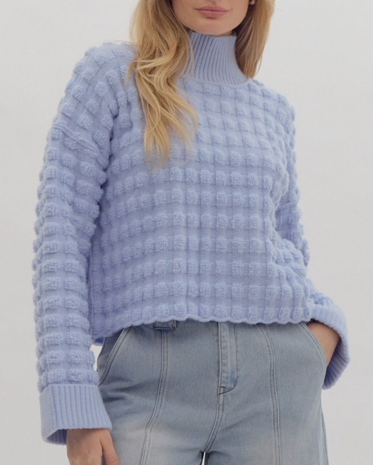 Textured Long Sleeve Turtleneck Crop Pullover- Light Blue