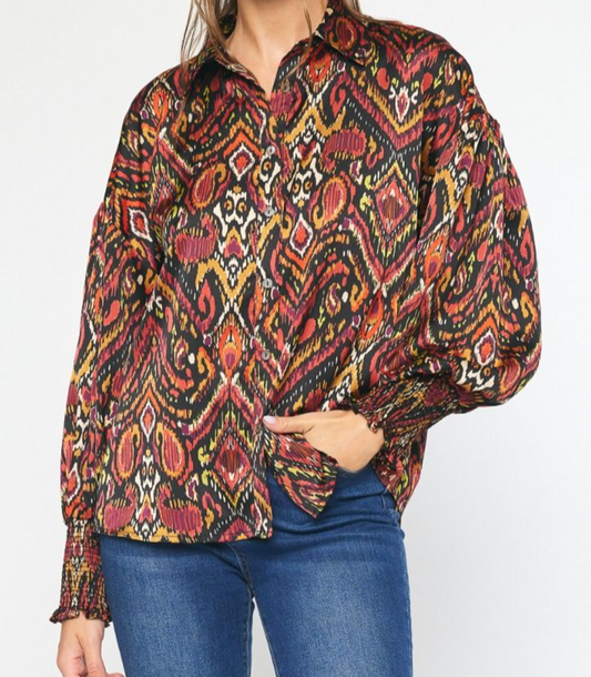 Printed Collared Button-up Long Sleeve - Black