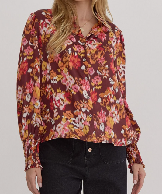 Satin Floral Print Long Sleeve Collared Button Up Top - Brown