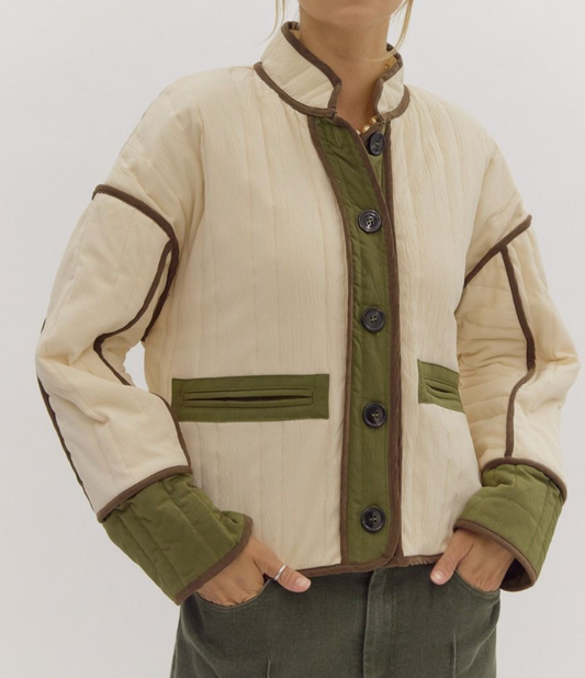 Colorblock Long Sleeve Quilted Jacket - Olive