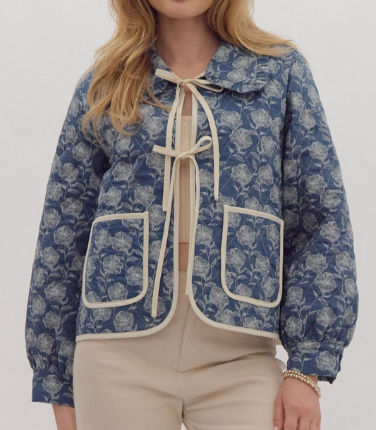 Quilted Floral Print Long Sleeve Collared Jacket- Blue