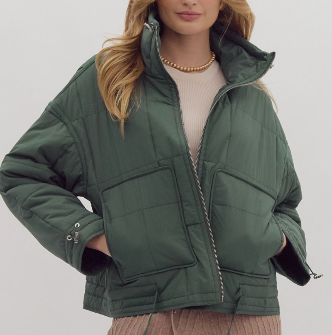 Quilted Long Sleeve Collared Zip Up Jacket - Slate Green