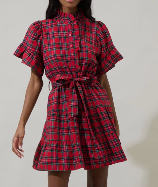 Arvada Plaid Cottonwood Ruffle Button Down Mini Dress - Red Multi