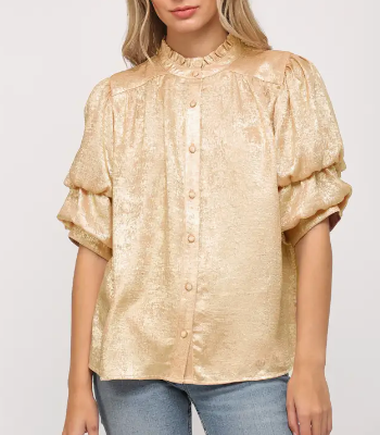 Foiled Woven Fabric Short Tiered Sleeve Blouse - Gold