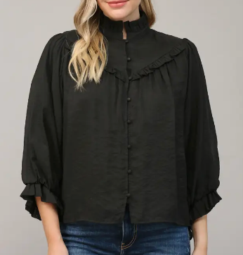 Ruffle Detail 3/4 Bubble Sleeve Blouse - Black