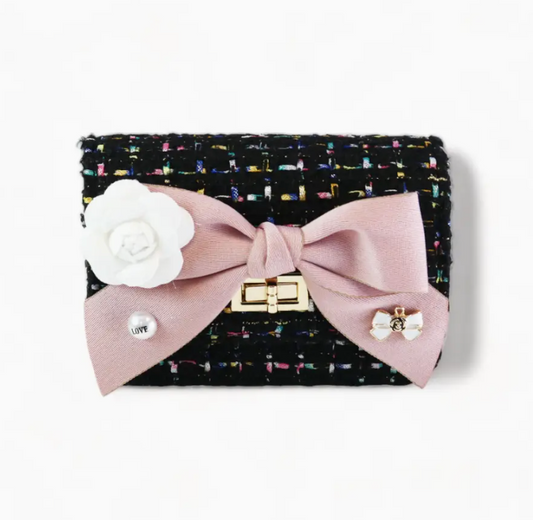 Floral Bow Tweed Purse-Black