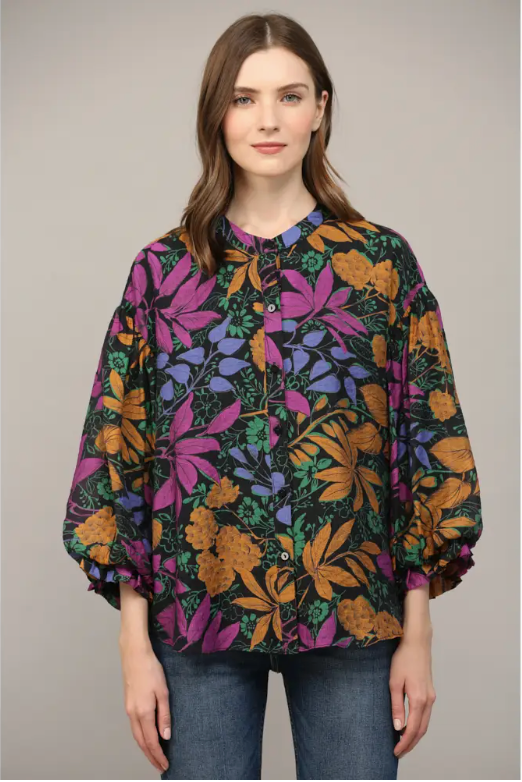 Bold Floral Print Bubble Sleeve Blouse