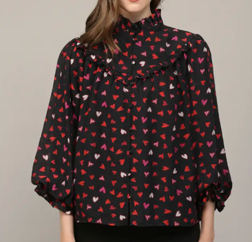 Heart Print Ruffle Yoke Detail Bubble Slv Blouse - Black Multi