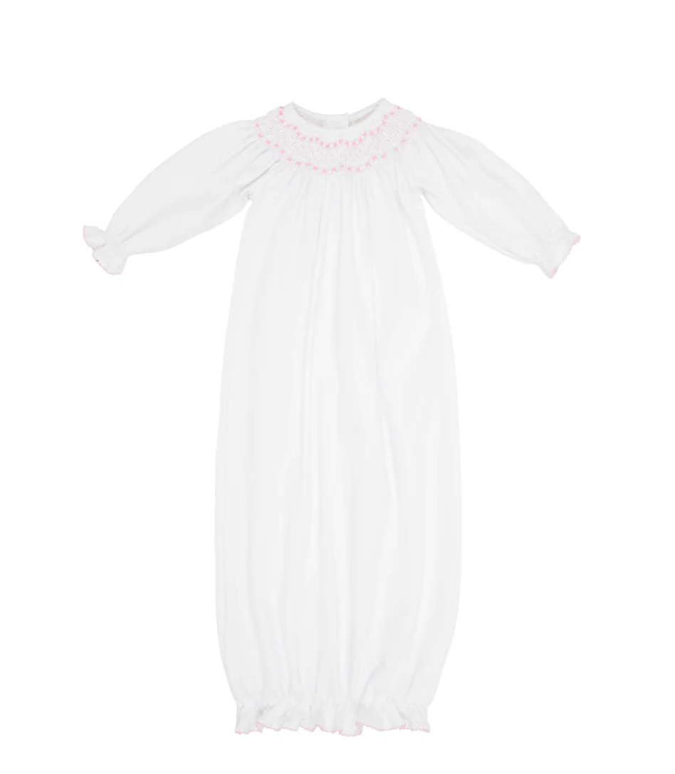 Sweetly Smocked Greeting Gown Worth Avenue White with Palm Beach Pink