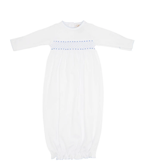 Sweetly Smocked Greeting Gown Worth Avenue White with Buckhead Blue