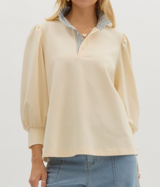 Solid Popover Top Featuring Contrast Ruffle Neck- Cream