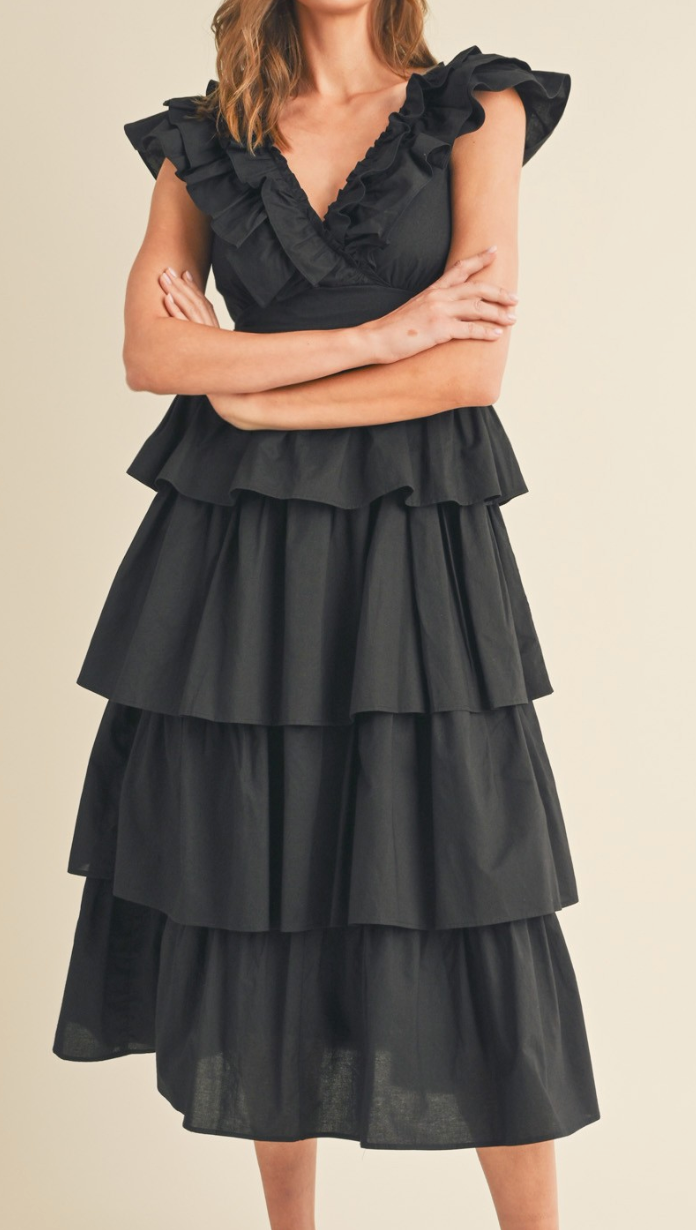 Layered Ruffle Trim Midi Dress - Black