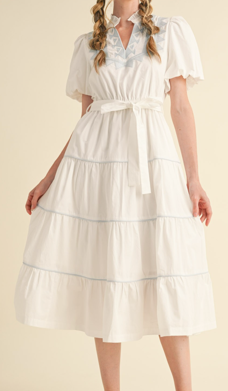 Embroidered Puff Sleeve Tiered Midi Dress - Off white