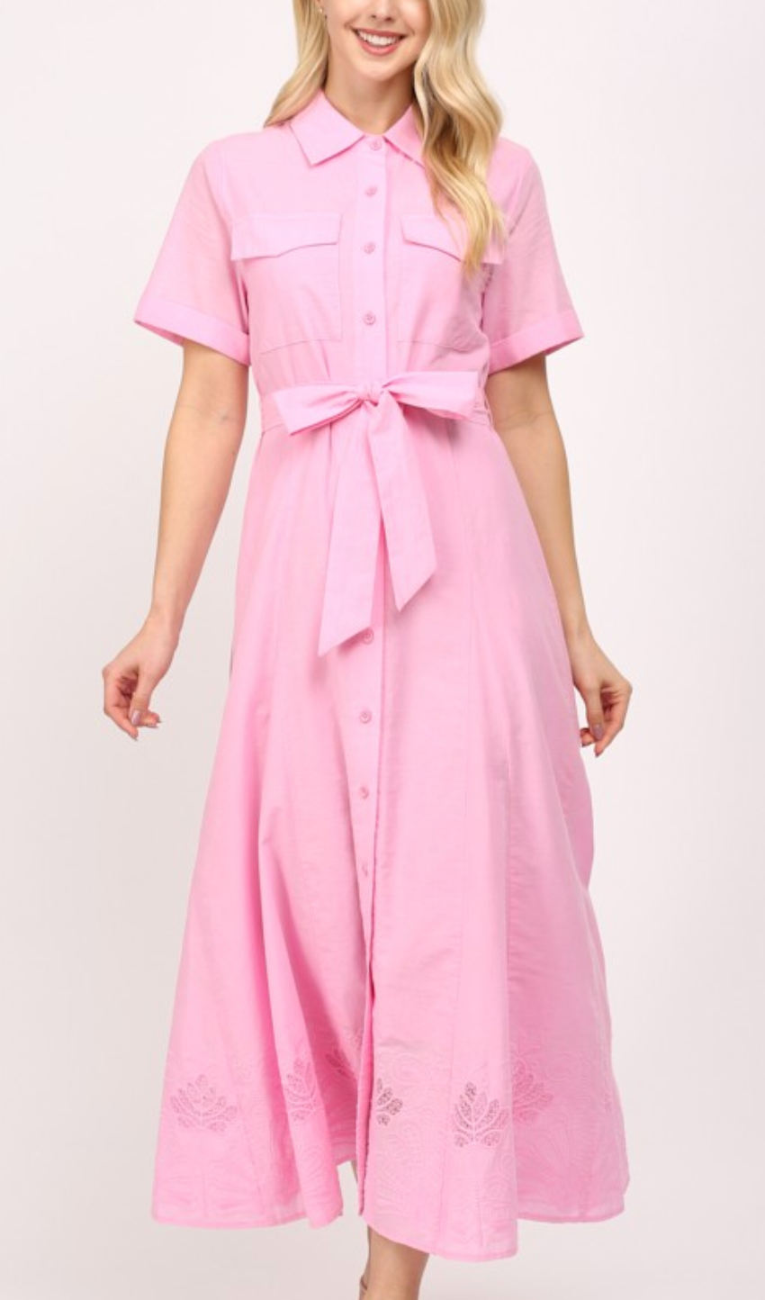 Tonal Button Down Midi Shirt Dress - Baby Pink