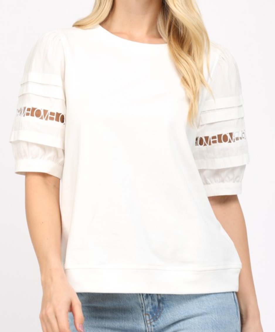 Love Letter Detail Short Puff Sleeve Sweatshirt - Off White