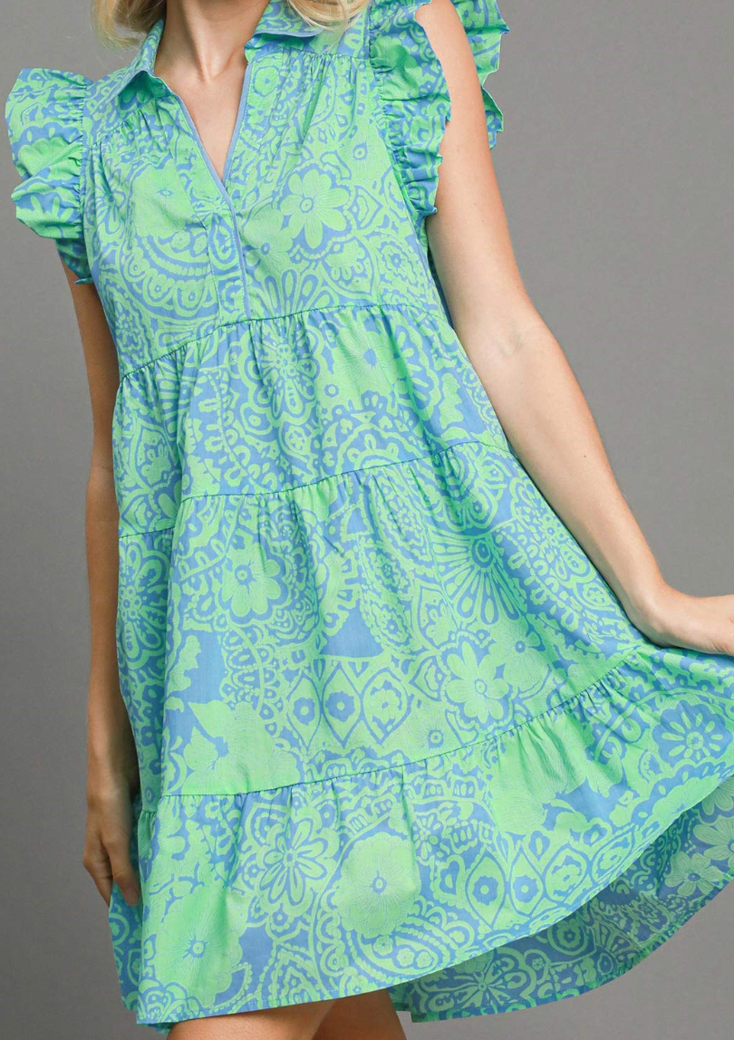 Abstract Print Babydoll Dress - Mint Blue