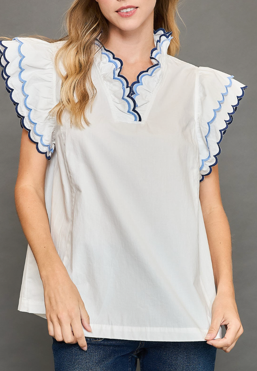 Scalloped Neckline and Sleeved Top - Off White